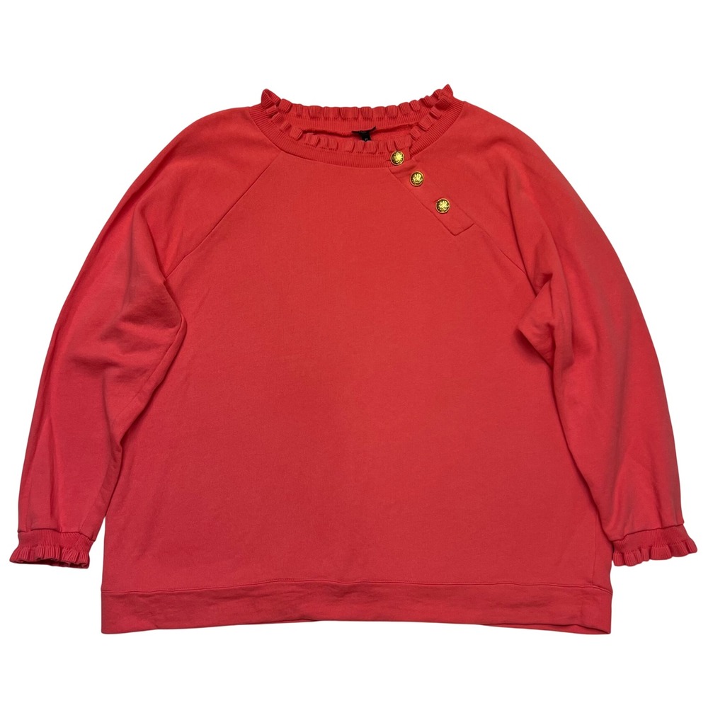 Talbots Plus Coral Ruffle Neck 100% Cotton Gold Button Sweatshirt Size 2X